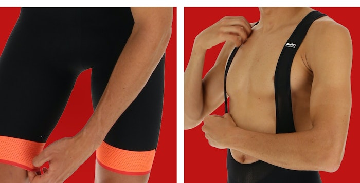 Close-up views of a person adjusting black and orange Scatto bib shorts and wearing the bib straps against a red background.