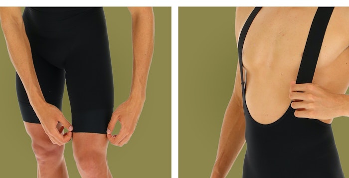 Close-up views of a person adjusting black Genio bib shorts and wearing the bib straps against an olive green background.