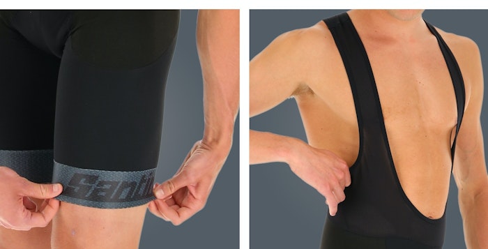 Close-up views of a person adjusting black Impact bib shorts and wearing the bib straps against a gray background.
