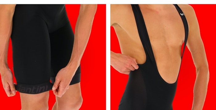 Close-up views of a person adjusting black Mago 2.0 bib shorts and wearing the bib straps against a red background.