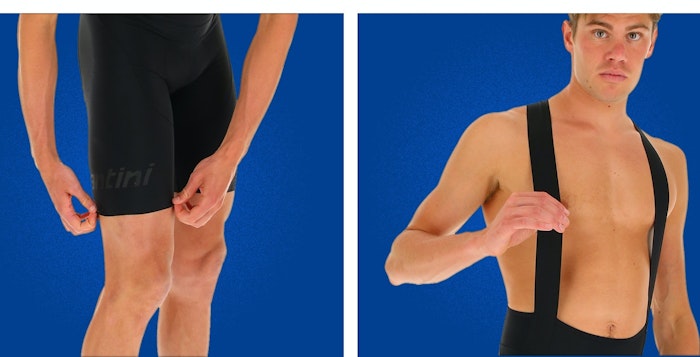 Close-up views of a person adjusting black Redux bib shorts and wearing the bib straps against a blue background.