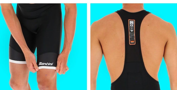 Close-up views of a person adjusting black Sleek 99 bib shorts and the back view showing bib straps against a bright blue background.