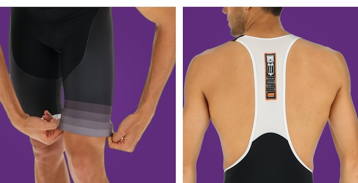 Close-up views of a person adjusting black Tono bib shorts and the back view showing bib straps against a purple background.