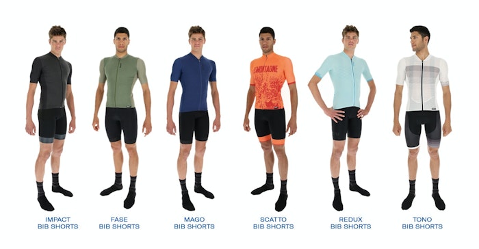 Six cyclists modeling different bib shorts Impact, Fase, Mago, Scatto, Redux, and Tono bib shorts.