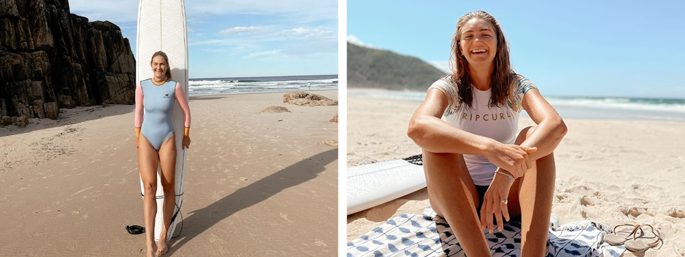 Surfer in a light blue wetsuit standing with a surfboard on a beach (left) and the same surfer sitting on the sand in a Rip Curl t-shirt (right).