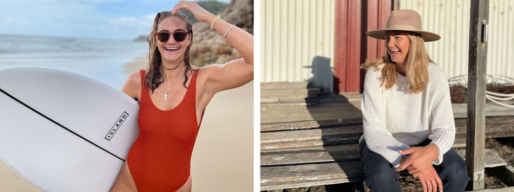 Surfer in a red swimsuit holding a surfboard on a beach (left) and the same person wearing a white sweater and hat, sitting on a wooden deck (right).